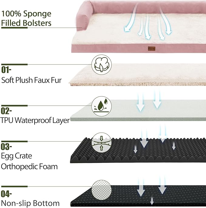 Orthopedic Dog Beds for Extra Large Dogs, Waterproof Egg Crate Foam XL Dog Bed with Sides 45 * 35Inch, Big Dogs Couch Beds with Removable Washable Cover and Nonskid Bottom, Pink