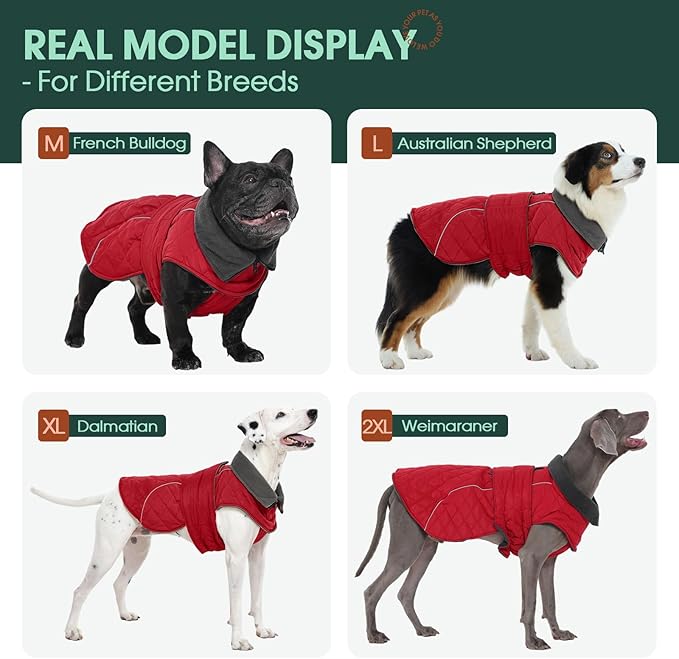 Kuoser Extra Warm Windproof Dog Cold Weather Coat, Fleece Lined Turtleneck Christmas Dog Jacket, Quilted Pet Winter Snowsuit Thermal Clothes with Reflective Adjustable Straps, Red L