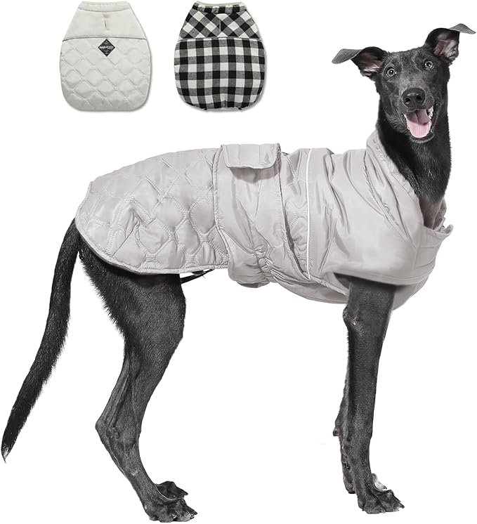 PAWZ Road Dog Winter Coat with 5 Layers Warm Material, Reversible Dog Clothes with 2 Sides, Dog Jacket Outdoor Water Repellent, (Light Beige Plaid 2XL)