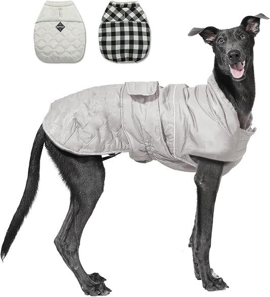 PAWZ Road Dog Winter Coat with 5 Layers Warm Material, Reversible Dog Clothes with 2 Sides, Dog Jacket Outdoor Water Repellent, (Light Beige Plaid 2XL)