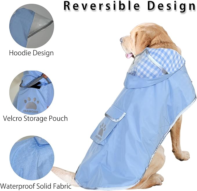 MAMORE Dog Raincoat Reversible,Waterproof Dog Rain Coat Hooded Slicker Poncho with Reflective Strip, Plaid Double Layer Rain Jacket for Small Medium Large Dogs (Light Blue, Small)