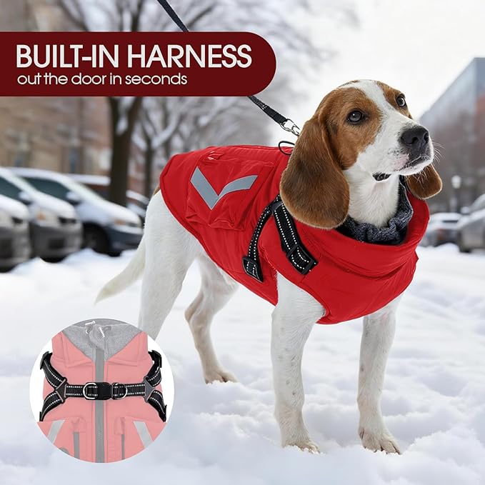 FUAMEY Dog Harness Coat 3X Large, Winter Jacket for Dogs Cold Weather Vest Reflective Strips, Warm Doggy Clothes Winter Suit Waterproof, Cozy Outfits for Large Doggies, Golden Retriever (Red, 3XL)