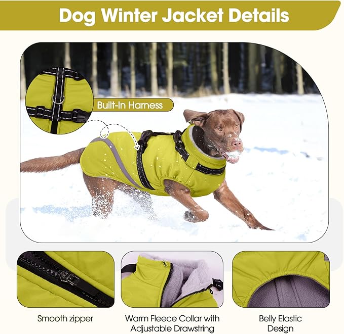 BRKURLEG Dog Winter Jackets for Medium Dogs, Dog Coat with Harness Built in, Dogs Snowsuits with Zipper, Waterproof Windproof Pet Puffer Jacket Fleece Vest for Beagle, Pug, Green L