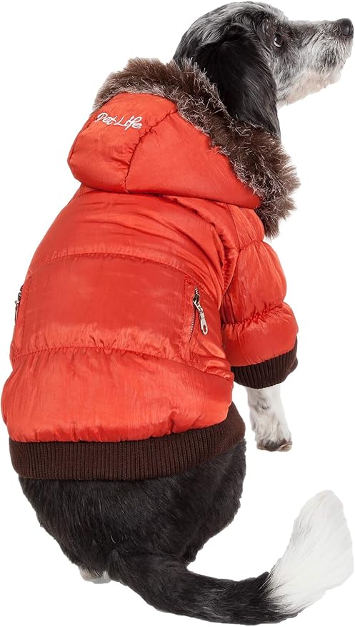 PET LIFE Classic Metallic Fashion Pet Dog Coat Jacket Parka w/ 3M Insulation and Removable Hood, Small, Metallic Orange