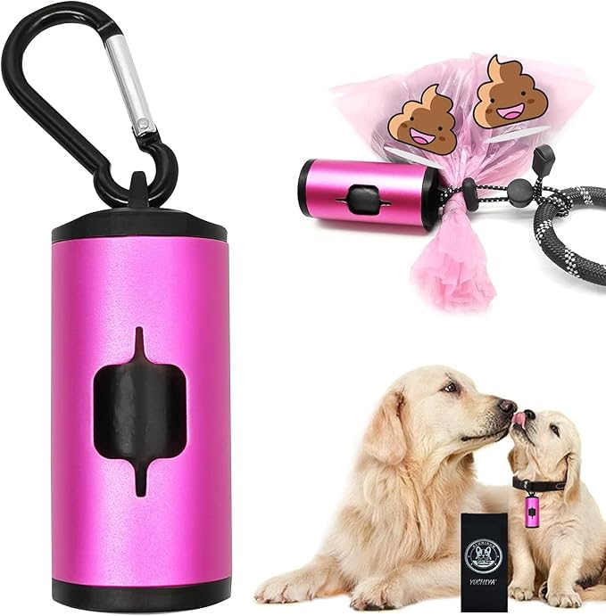 Metal Dog Poop Bag Holder Aluminum Dispenser for Leashes, Hiking & Travel, Lightweight Scratch-Resistant with 3 Attachments and 195 Bags (Pink, 1 Holder 15 Bags)