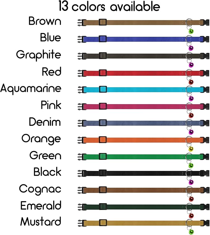 Breakaway Cat Collar Leather with Removable Bell - 13 Colors Available - Soft Adjustable Girl Boy Safety Lightweight Pet Kitten Collars Pink Brown Blue Green Red Orange Black (Denim)