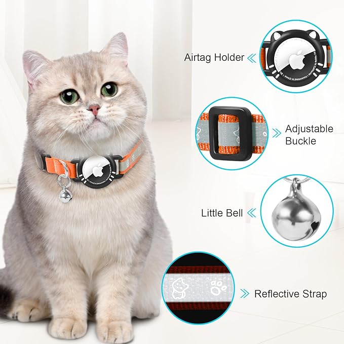 Airtag Cat Collar, Reflective Cat Collar with Apple Air Tag Holder, Breakaway GPS Tracker Pet Collar with Bell for Cat Kitten, Airtag Not Included, Orange, XS(7-9 Inch)