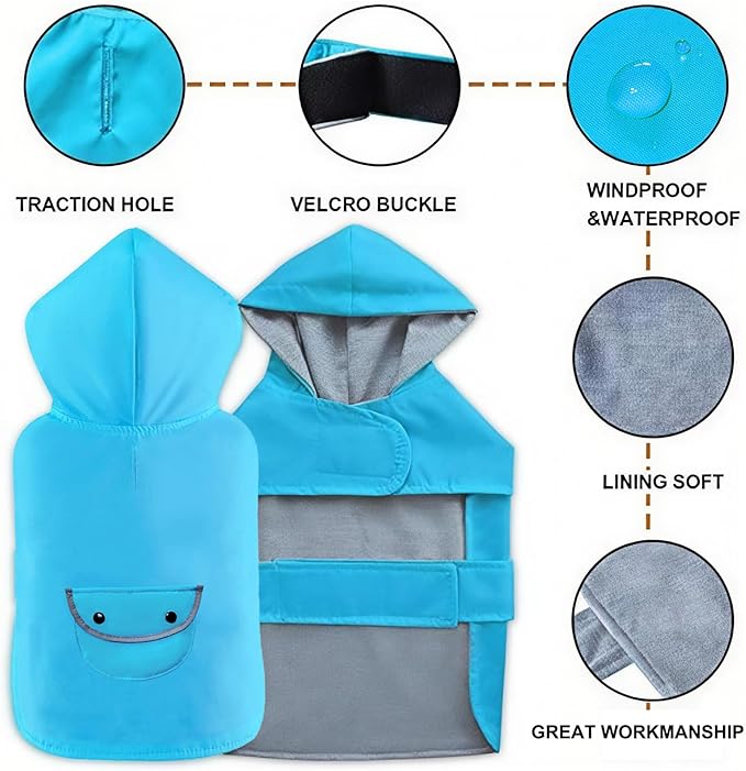 Dog Raincoat Dogs Rain Jacket Reflective Warm Lined Poncho Rainwear Waterproof Pet Clothes Pocket Hooded Leash Hole Adjustable Small Medium Dogs,Blue,XL,Back Length 14.0 Inch