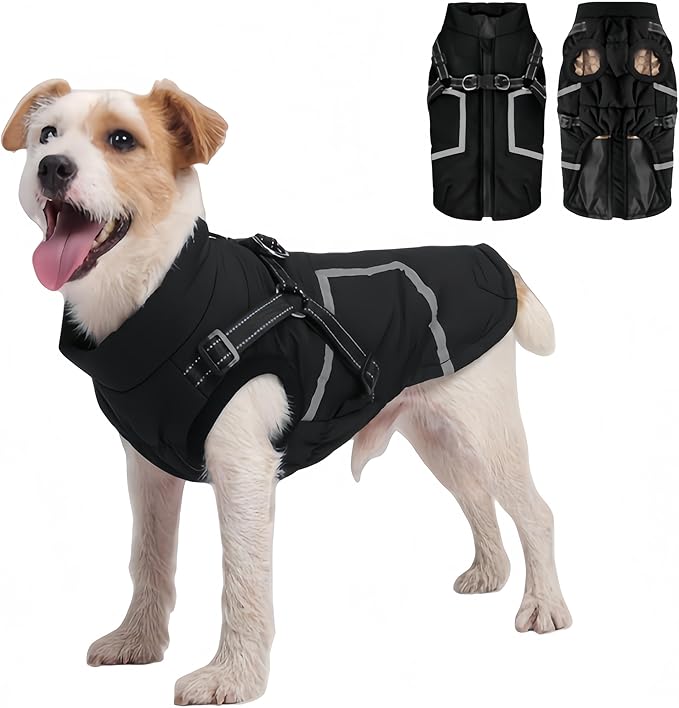 Warm Dog Coat Reflective Jacket, Waterproof Winter Coat for Dogs Turtleneck Dog Clothes for Cold Weather (Black, M(Chest:15.7-17.3",Neck:(14.5"))