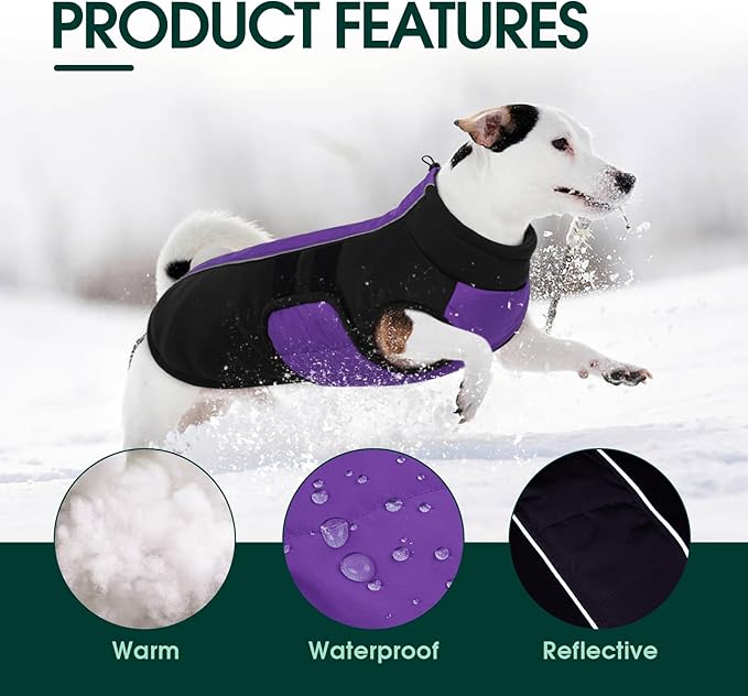 Kuoser Dog Jacket, Winter Dog Coats for Medium Dogs, Reflective Doggie Cold Weather Coats Pet Clothes, Puppy Snow Jacket for Frech Bulldog, Boston Terrier, Purple M