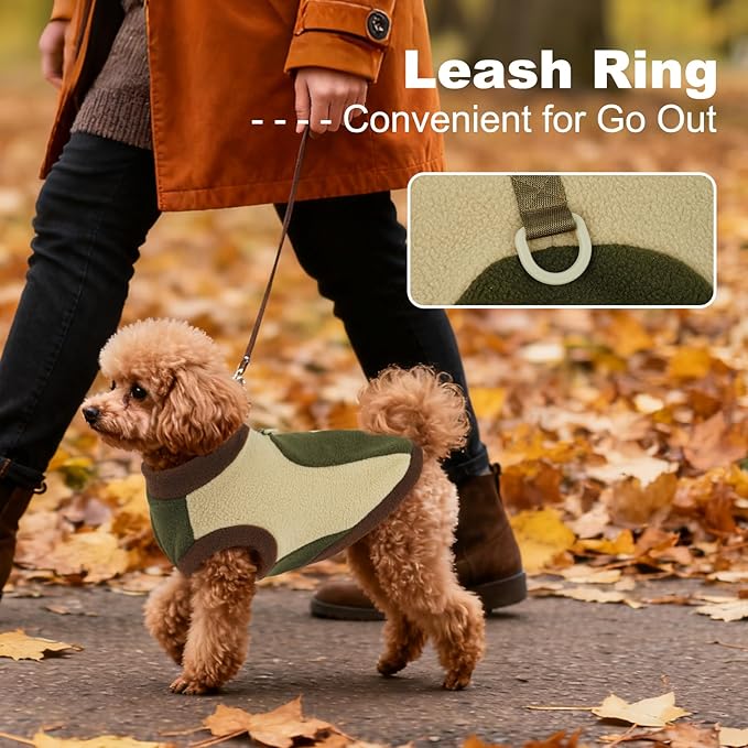 Dog Fleece Sweater,Winter & Fall, Dog Vest with Leash Ring, Warm Soft Coats for Small Dogs, Stretchy & Comfortable Jackets for Walking Hiking,Running,Machine Washable,Army Green,Size S