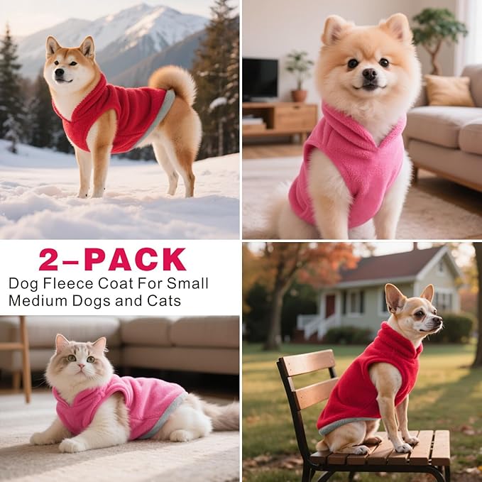 Idepet 2 Pack Dog Fleece Vest Sweater Warm Pullover Jacket with D-Ring Leash Reflective Winter Coat Hoodie for French Bulldog Pug Chihuahuas Yorkies Dachshunds(Red&Rose Red,XX-Large-French Bulldog)