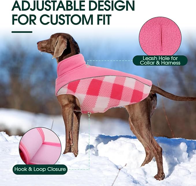 Kuoser Dog Winter Coat, Reversible Waterproof Dog Jacket with Reflective Strip, Warm Dogs Fleece Vest Adjustable Doggy Cold Weather Clothes Plaid Christmas Outfit Pet Apparel for Medium Dogs, Pink M