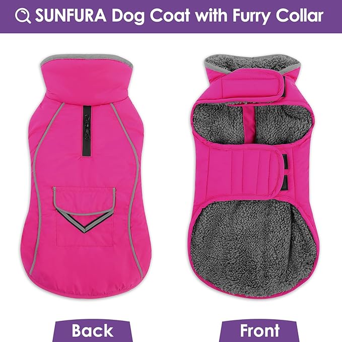 SUNFURA Dog Coat, Warm Dog Coat XXL Puffer Jacket with Harness Hole, Reflective Pet Snow Jacket Turtleneck Fleece Vest for Weimaraner, Labrador, Golden Retriever, Hot Pink 2XL
