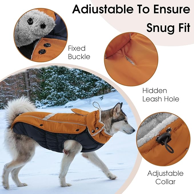 Queenmore Waterproof Dog Coat for Small Dogs,Reflective Windproof Dog Jackets with Leash Hole,Winter Dogs Coat with Zipper On Back,Warm Snowsuit with Fleece Lining（Brown,XS