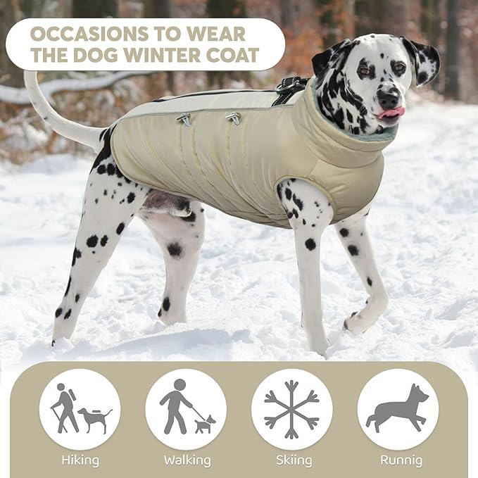 IDOMIK Warm Dog Coat with Harness, Waterproof Reflective Dog Jackets for Small Medium Large Dogs, Fleece High Collar Winter Jacket with Zipper, Pet Winter Snowsuit Clothes for Cold Weather,Khaki M