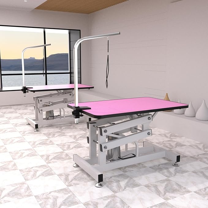 Hydraulic Dog Pet Grooming Table, 42 Inch Heavy Duty Z Lift Structure Professional Dog Grooming Table Suitable for Large Dogs at Home with Adjustable Arms, Clamps and 2 Grooming Noose, Pink