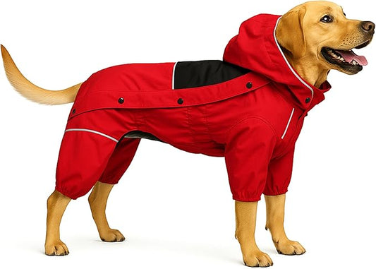 LOVELONGLONG Fleece-Lined Dog Raincoat with Removable Hood – Waterproof Winter Full Body Dog Jacket – Windproof Snowproof Cold-Weather Suit – Red-F XS