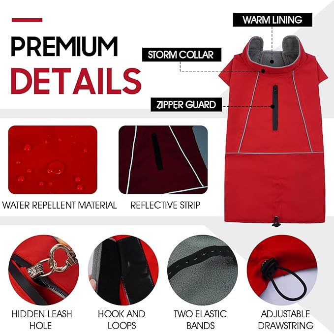 ROZKITCH Dog Rain Coat for Large Dogs, Waterproof Winter Jacket with Fleece Liner and Leash Hole Reflective Strip for Large Dog, Adjustable Hook & Loops Vest for Outdoor Hiking Travel Red 2XL