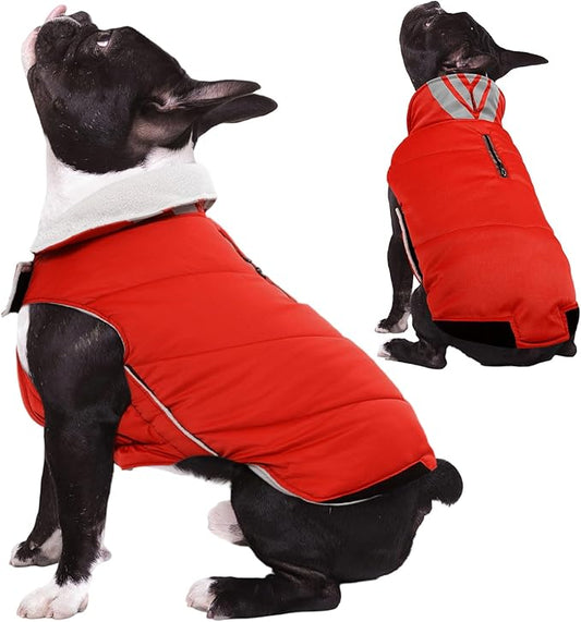 Kuoser Dog Coat Small, Cold Weather Reflective Waterproof Dogs Jacket with Warm Fleece Lining, Turtleneck Dog Winter Coat with Zipper, Doggy Snow Jacket Pet Coats for Small Medium Large Dogs, Red XS