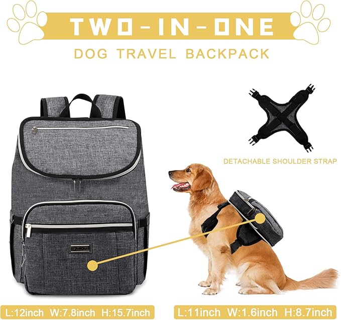 BAGLHER Travel Dog Backpack - Detachable Travel Dog Food Container for Pet Supplies Dog Gear Backpack,Dog Bag for Traveling with 2 Silicone Collapsible Bowls and 2 Food Baskets Grey