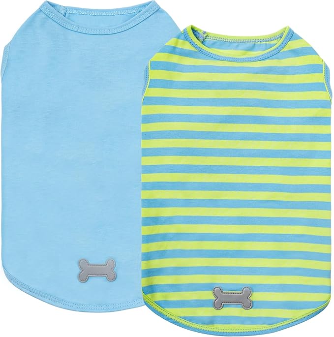 KYEESE 2Pack Dog Shirts Small Tee Soft for Small Dogs Striped T Shirt Lightweight Sleeveless Vest Cotton Tank Top Clothes, Large,Blue+Striped