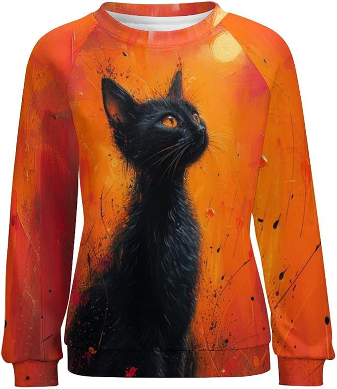 Long Sleeve Shirts for Women Cat Oil Painting Shirt 3D Graphic Sweatshirts Fall Pullover Crewneck Vintage Boho Tops