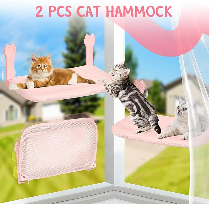 Cat Window Hammock 2-Pack,Foldable Cat Perch with Suction Cups & Metal Frame,Holds up to 40 lbs - Durable & Secure for Cats,Features 2-Sided Cushion & Easy Storage for Sunny Lounging(Pink)
