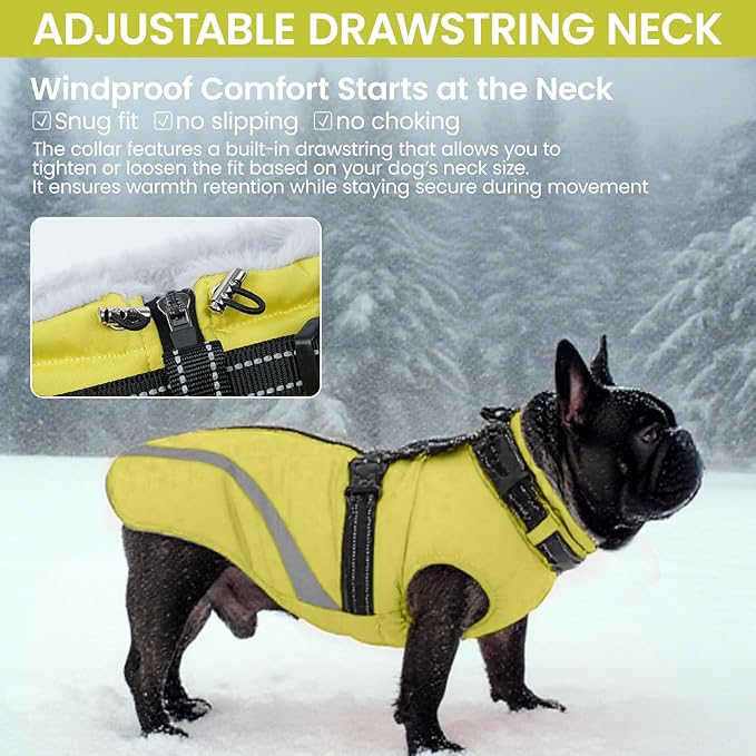 QBLEEV Dog Coat for Large Dogs, XL Dog Jacket for Winter Snow Waterproof with Built-in D-Ring Harness, Reflective Warm Thick Fleece Safety Vest, Cold Weather Snowsuit with Zip, Green, XL