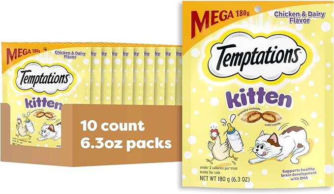 Temptations Kitten Crunchy and Soft Cat Treats Chicken and Dairy Flavor, 6.3 oz. Pouch, (Pack of 10)