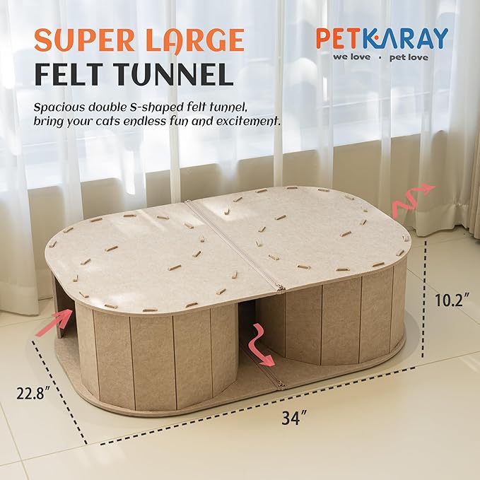 PETKARAY Large Felt Cat Tunnel, Double S-Shaped Hideaway for Indoor Cats, Interactive Cat Bed Cave and Hideout, 34x22.8x10.2 inches Beige