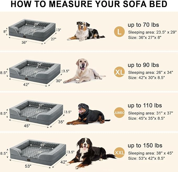 Orthopedic Dog Beds for Large Sized Dogs, Waterproof Memory Foam Large Pet Bed with Sides 36x27Inch, Non-Slip and Egg-Crate Foam Big Dog Couch Bed with Removable Washable Cover, Grey