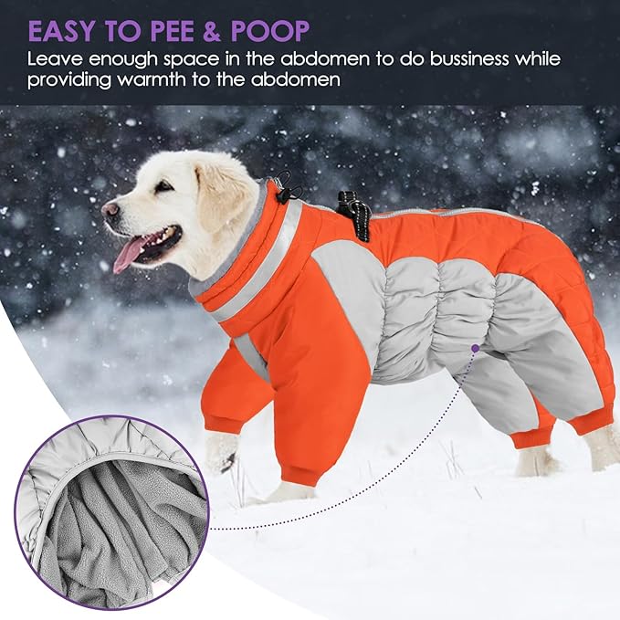 SUNFURA Full Body Dog Coat - Warm Fleece Jacket for Medium Dogs, Turtleneck Winter Coats with Harness, Reflective Dog Snowsuit Windproof Puffer Jackets with Legs for Boston Terrier, Orange M