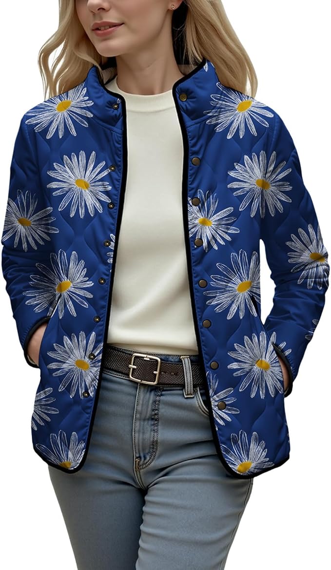 LIZALIG Women's Cropped Puffer Jacket Lightweight Floral Print Long Sleeve Padded Quilted Puffy Cardigan Coat