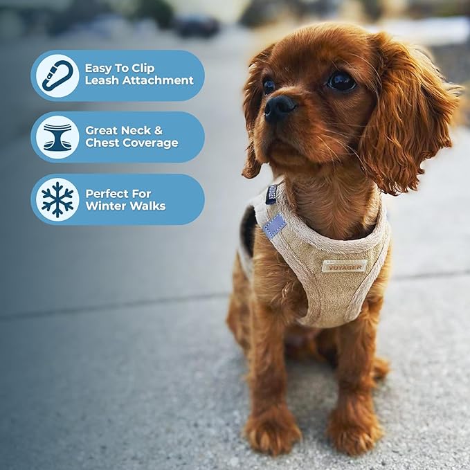 Best Pet Supplies - All Weather Mesh/Plush, Reflective, No Pull Harness for Small, Medium Dogs, Cats - Secure with Hook & Loop Fastener, Buckle, Double D-Rings - Latte Suede, L