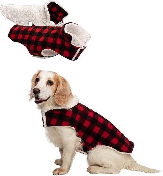 Furhaven Reversible Medium Dog Coat, Washable & Insulating w/ Leash Access - Sherpa & Plaid Fleece Flex-Fit Jacket - Cream/Red, Medium