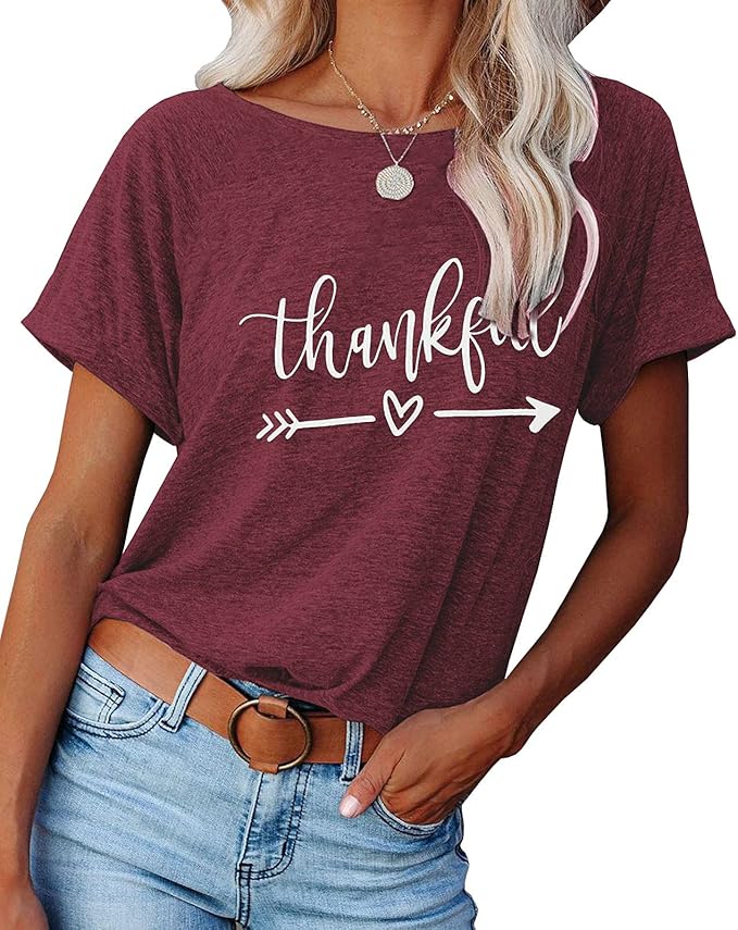 NIUBIA Women's T Shirts Summer Tops Simple Heart Graphic Shirts Sayings Short Sleeve Vacation Casual Blouse Thankful Tee