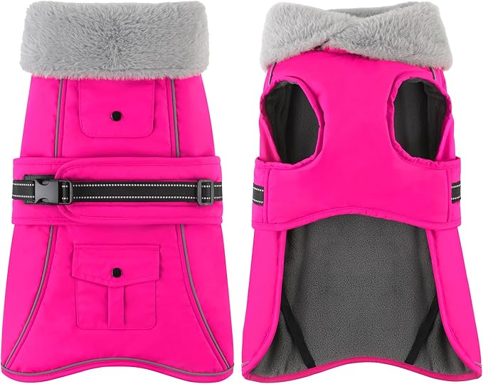 Dogcheer Dog Coat with Pocket, Waterproof Dog Jacket with Adjustable Buckle, Reflective Puppy Winter Coat Warm Turtleneck Fleece SnowJacket for Small Medium Large Dogs - Pink L