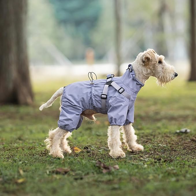 Mile High Life Waterproof Dog Raincoat, Full Coverage Small Dog Rain Coat with Harness, Adjustable 4 Legs Puppy Rain Jacket with Reflective Strip and Elastic Cuffs (Purple, S Back Length 13")