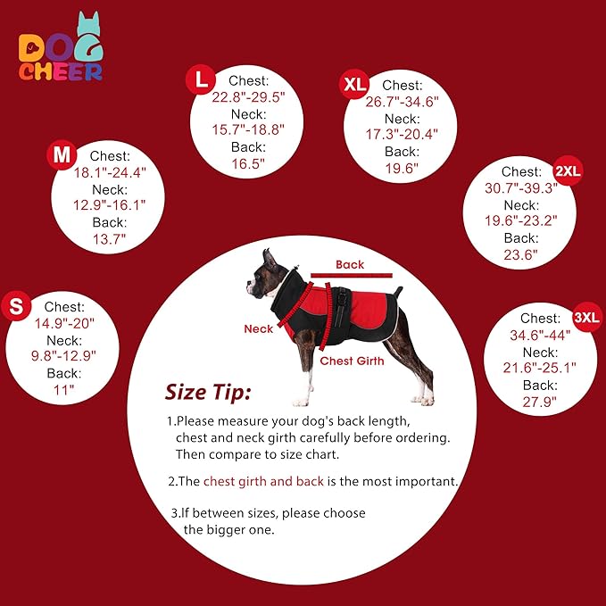 Dogcheer Dog Coat, Christmas Dog Jacket, Waterproof Turtleneck Puppy Winter Coat, Adjustable Pet Puffer Jacket, Reflective Warm Fleece Coats for Small Medium Large Dogs - Red, 3XL