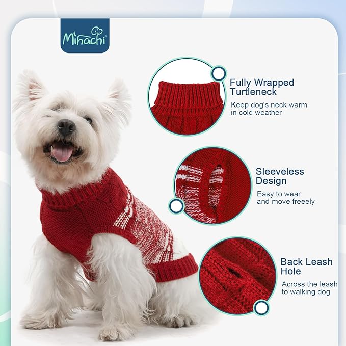 Mihachi Dog Sweaters for Small Medium Dogs Girl Boy,Soft Warm Dogs Shirt, Cold Weather Dog Coat Turtleneck Knitted Pullover Dog Clothes Costume with Leash Hole for Large Cat Puppy Doggy Pet,Red SM