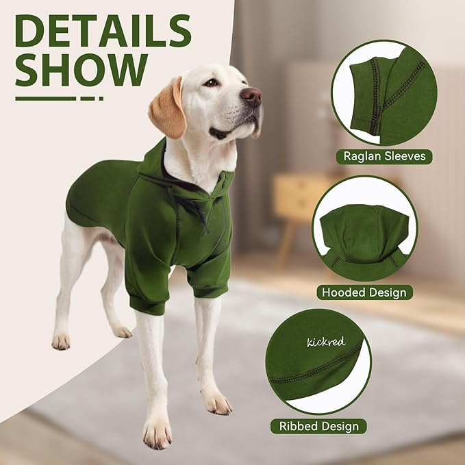 Kicred Basic Dog Hoodie, Premium Dog Sweater Pullover, Soft & Comfy Cotton Pet Clothes Hoodies with Hat and Leash Hole, Doggy Puppy Sweatshirt Coat for Small Medium Large Dogs - Army Green (XX-Large)