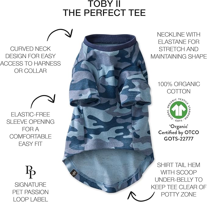 Toby II - The Perfect Tee, 3 Pack Short Sleeve Pet T-Shirt 100% Organic Cotton Tees Clothes for Small, Medium, Large Dogs, Navy Camo, Large