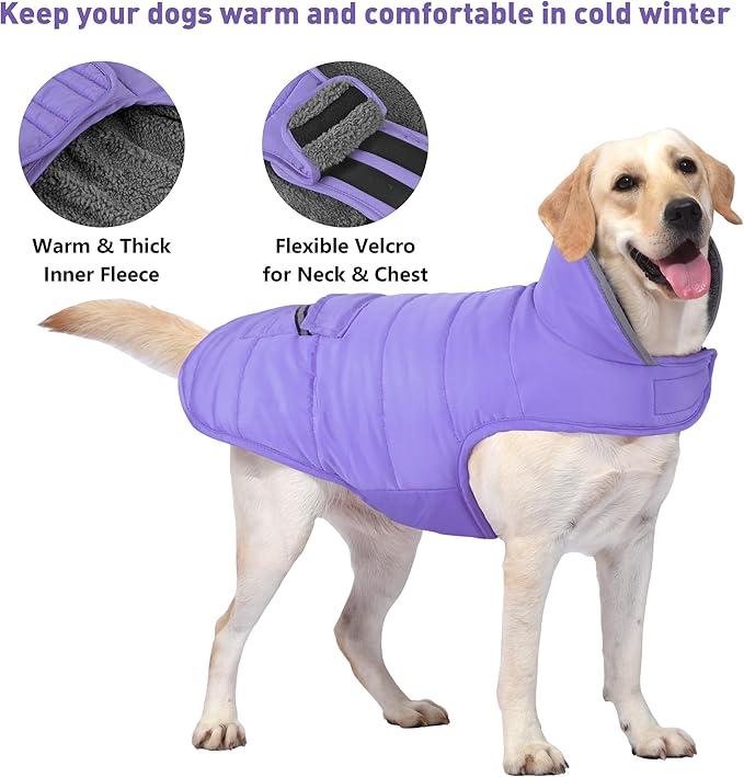Dog Coat, Waterproof Dog Winter Jacket with Pocket, Reflective Adjustable Pet Snow Vest, Warm Cozy Fleece Sweater for Small Medium Extra Large Dogs - Light Purple, XL