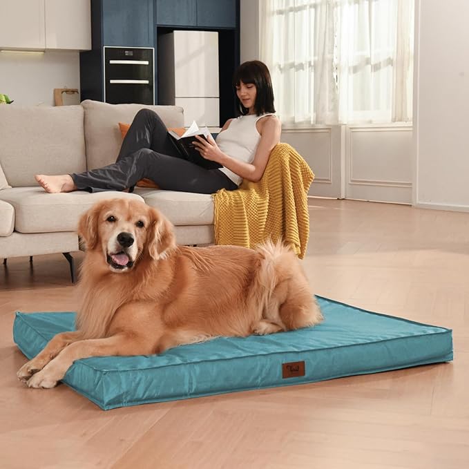Outdoor Extra Large Dog Crate Bed, XXL Waterproof Dog Bed for Giant Breeds Dogs, 47x29 Inch Orthopedic Egg Crate Foam Pet Mat with Removable Cooling Cover, Light Blue