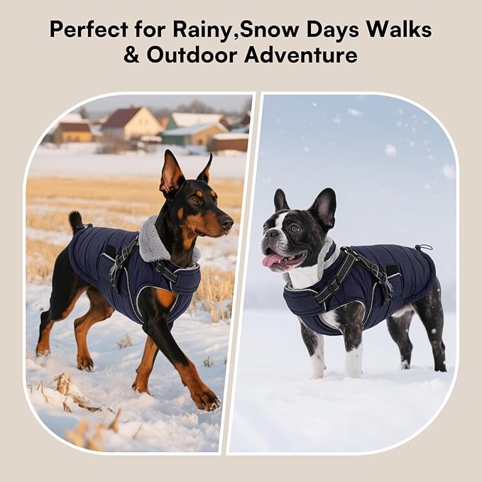 Queenmore Dog Coats for Large Dogs Winter Waterproof with Harness Built-in, Pet Puffer Warm Jacket with Harness for Snow/Cold Weather for Large Breed - Fleece Lining Easy-on Reflective, Navy L