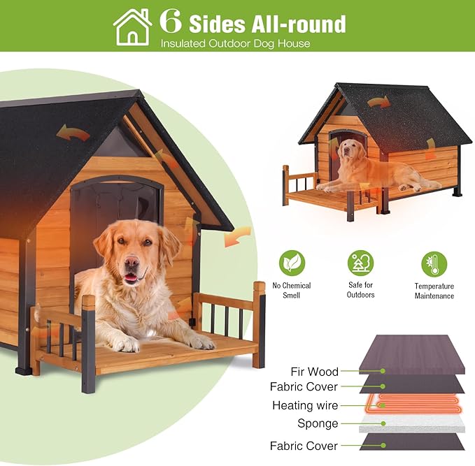 GUTINNEEN Large Heated Dog House Outdoor Insulated Weatherproof Dog Kennel with Heated Pad, Insulated All-Round Thermal Liner, Chew-Proof Strong Iron Frame Dog House for Dogs (Winter-Ready)