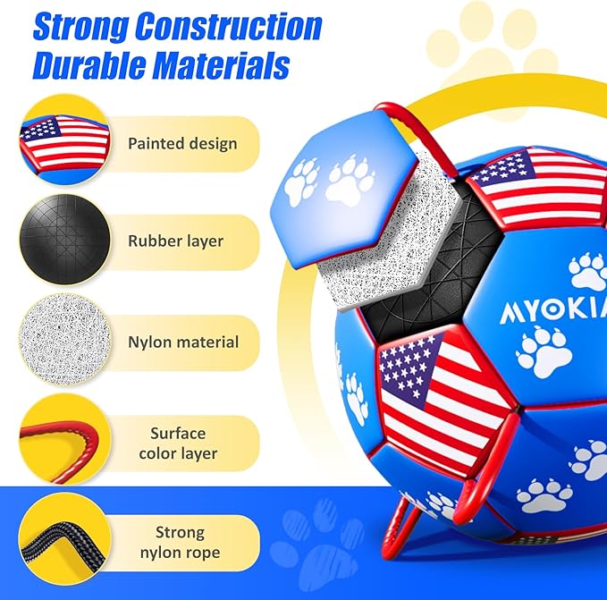 Size 3 Interactive Dog Football with Strap, Blue & Red, Eye-Catching Paw Prints and Flag Design, Ideal Outdoor Training Pet Toy, Perfect Choice for Medium & Large Dogs' Playtime