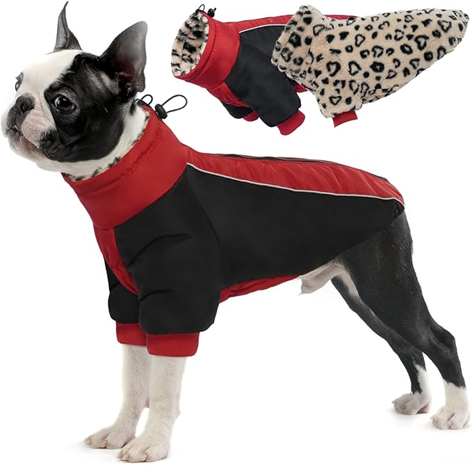 IDOMIK Reversible Dog Winter Coat, Thick Warm Dog Coat with Leopard Fleece Lining&Zipper, Adjustable High Collar Waterproof Jacket, Reflective Pet Cold Weather Coats for Large Dogs,Red,L
