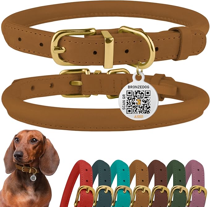 BronzeDog Rolled Leather Dog Collar with QR ID Tag, Adjustable Soft Round Collars for Small Medium Large Dogs Puppy (11" - 14 1/2" Neck Size, Light Brown)